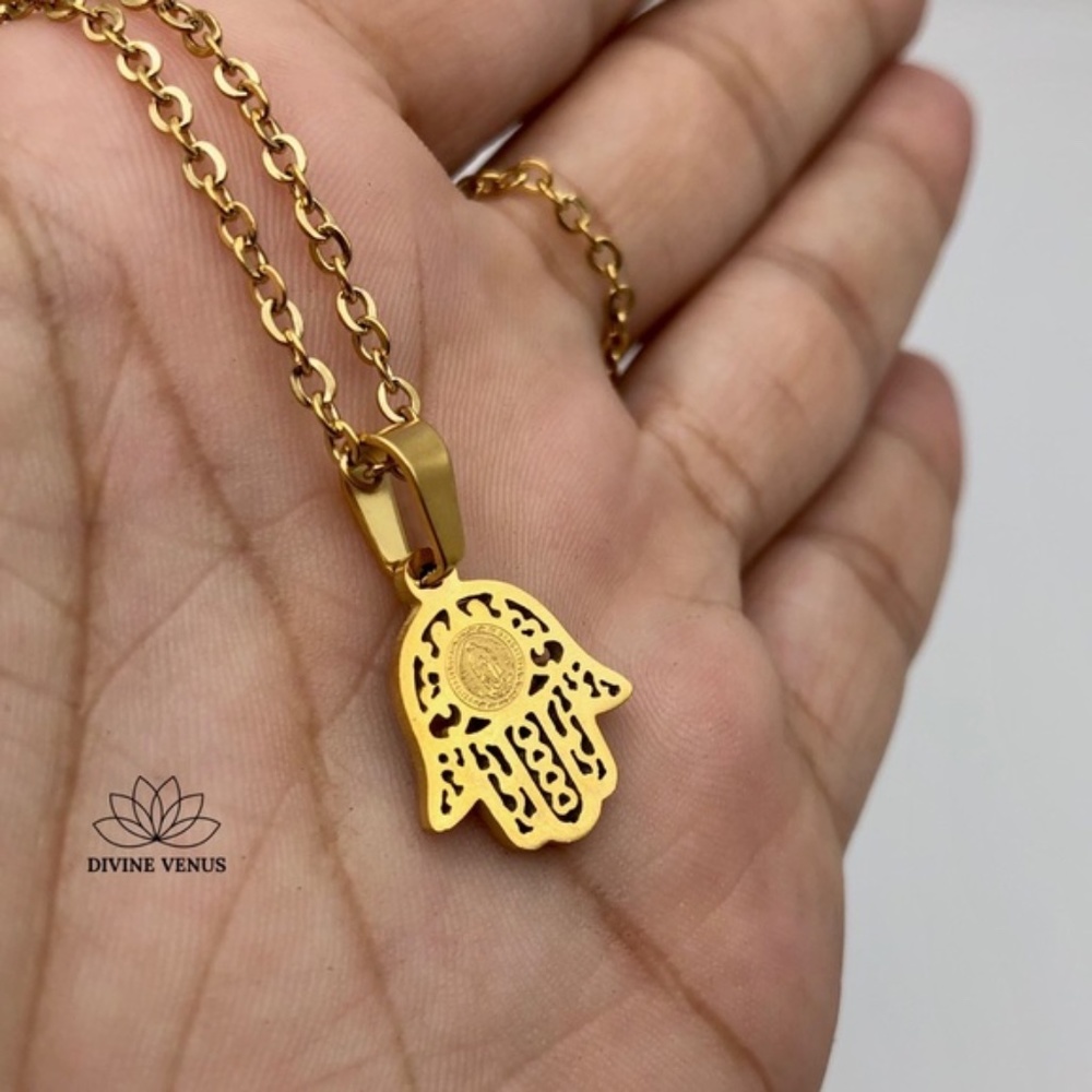 Hamsa Blessed Mother Hand of God Necklace | Gold Plated Stainless Steel - Picture 1 of 7